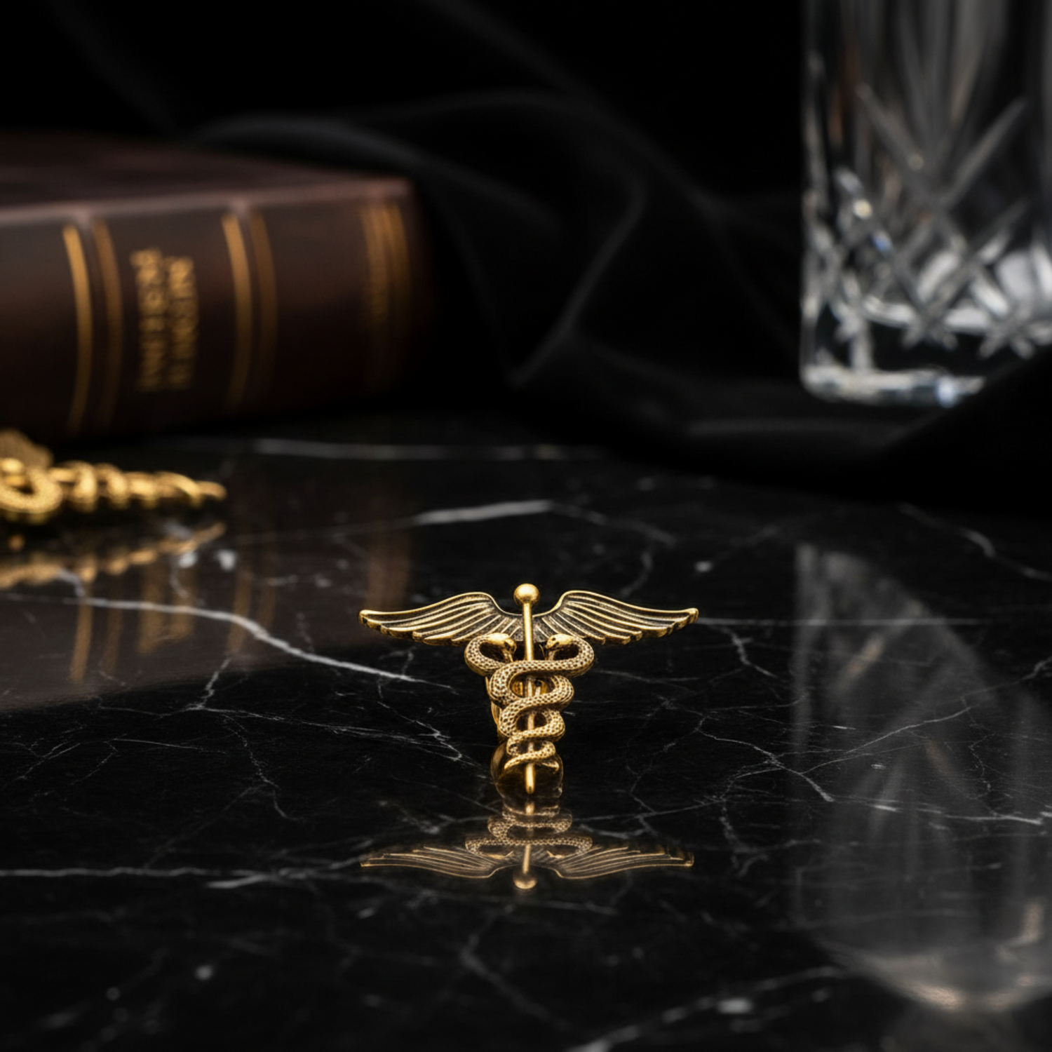 Main View: A Gold Colored Caduceus Shaped Lapel Pin