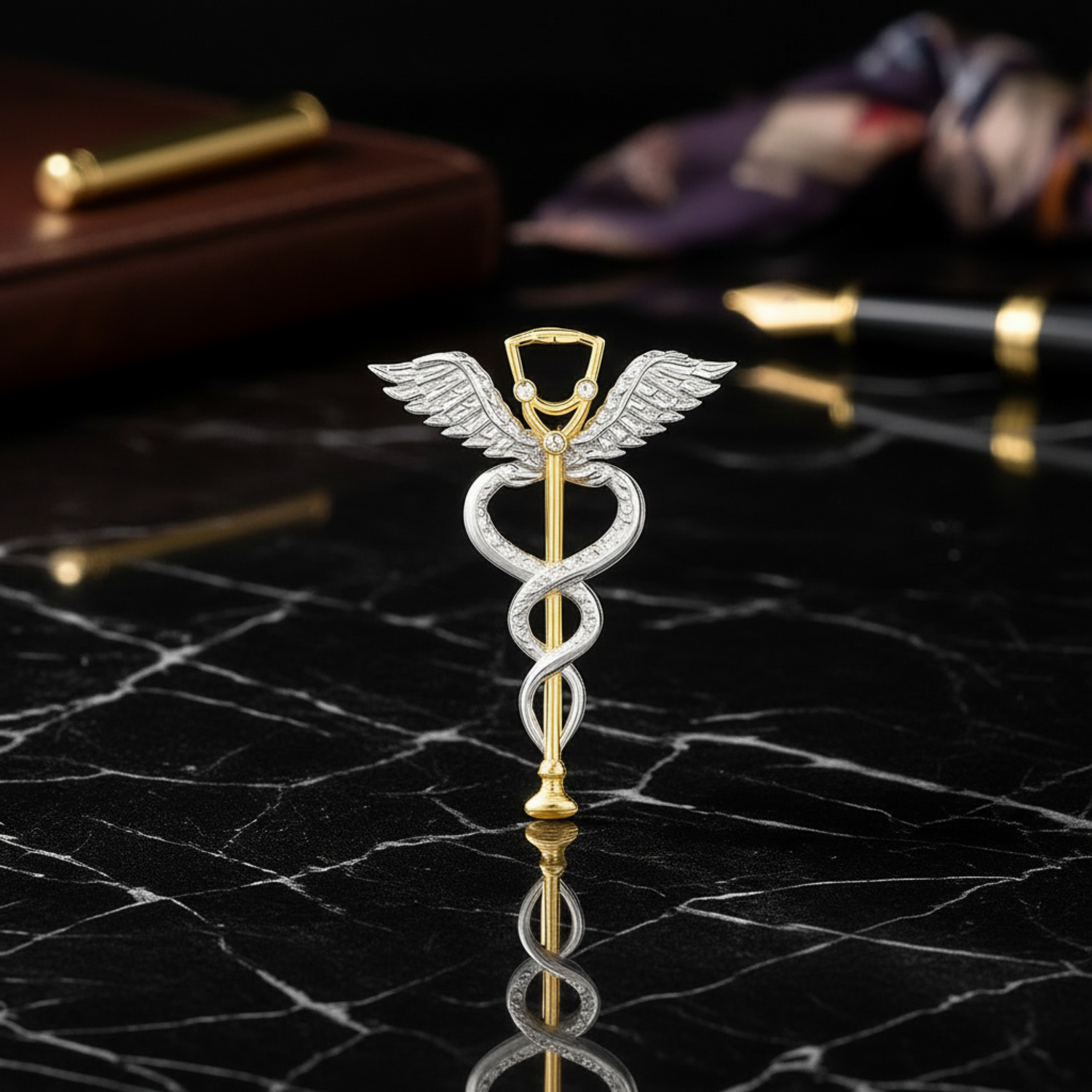 Gold and silver caduceus symbol on a black marble background