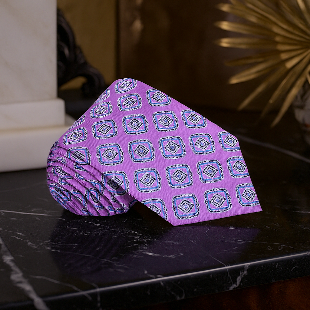 Folded purple tie with geometric pattern on a dark surface