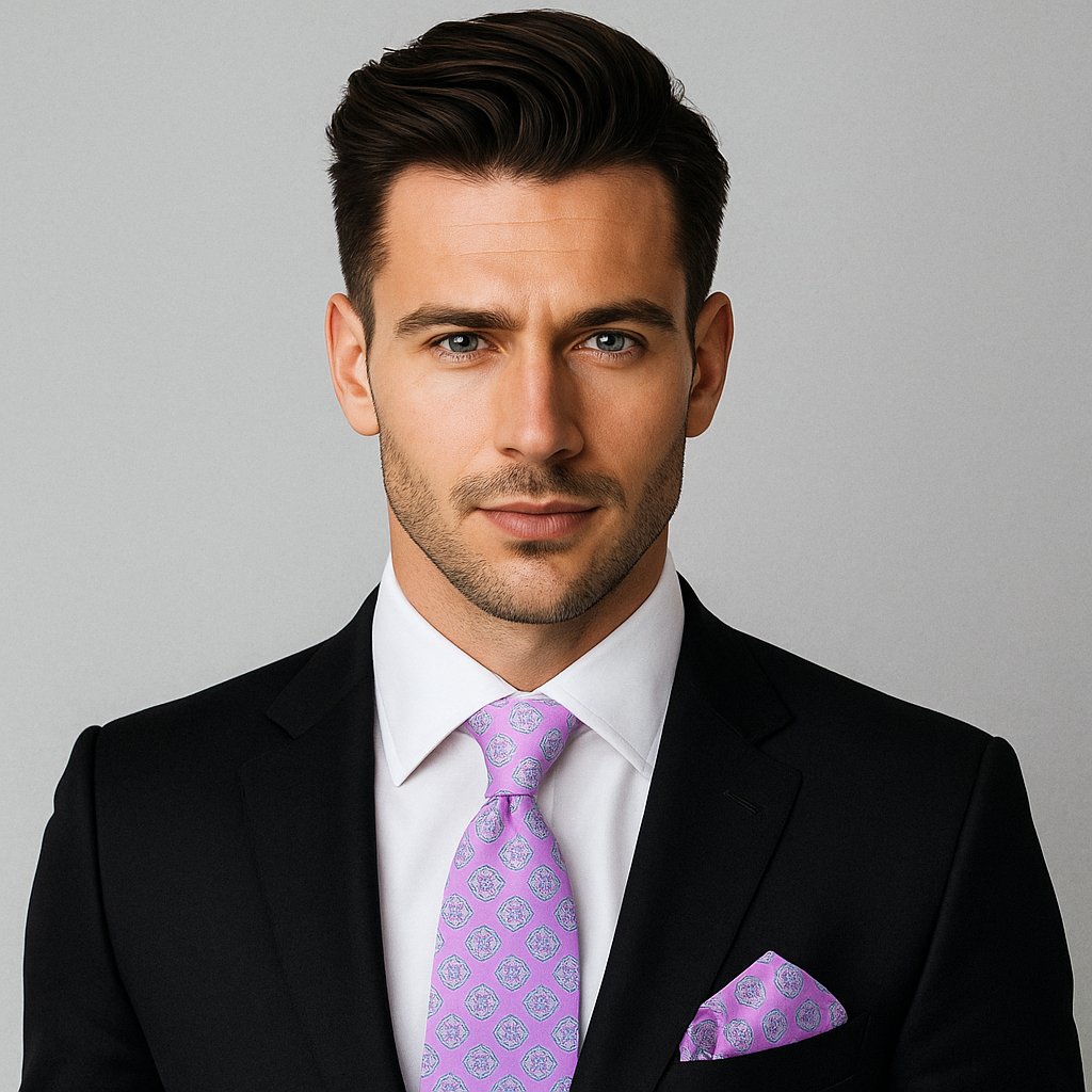 Man wearing a black suit with a white shirt and purple tie and pocket square on a gray background