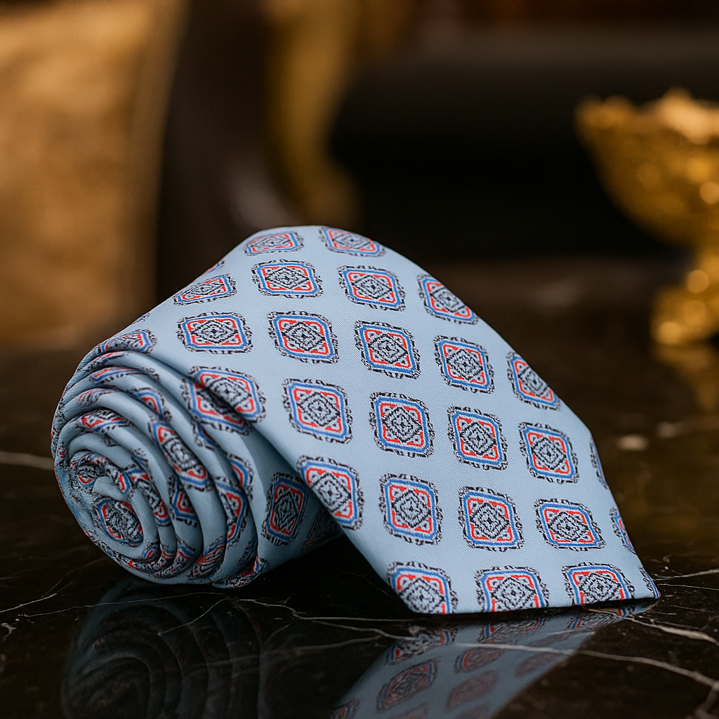Light Blue and Red Medallions Tie
