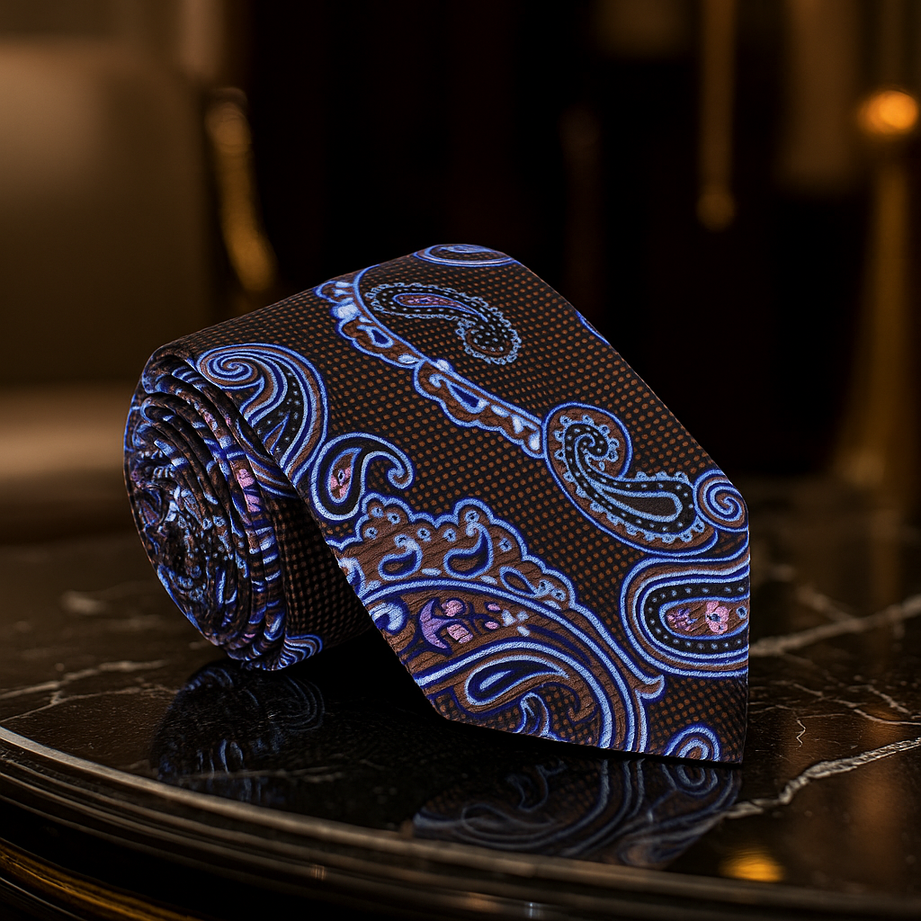 A Brown, Light Blue, Pink Paisley Pattern Necktie 