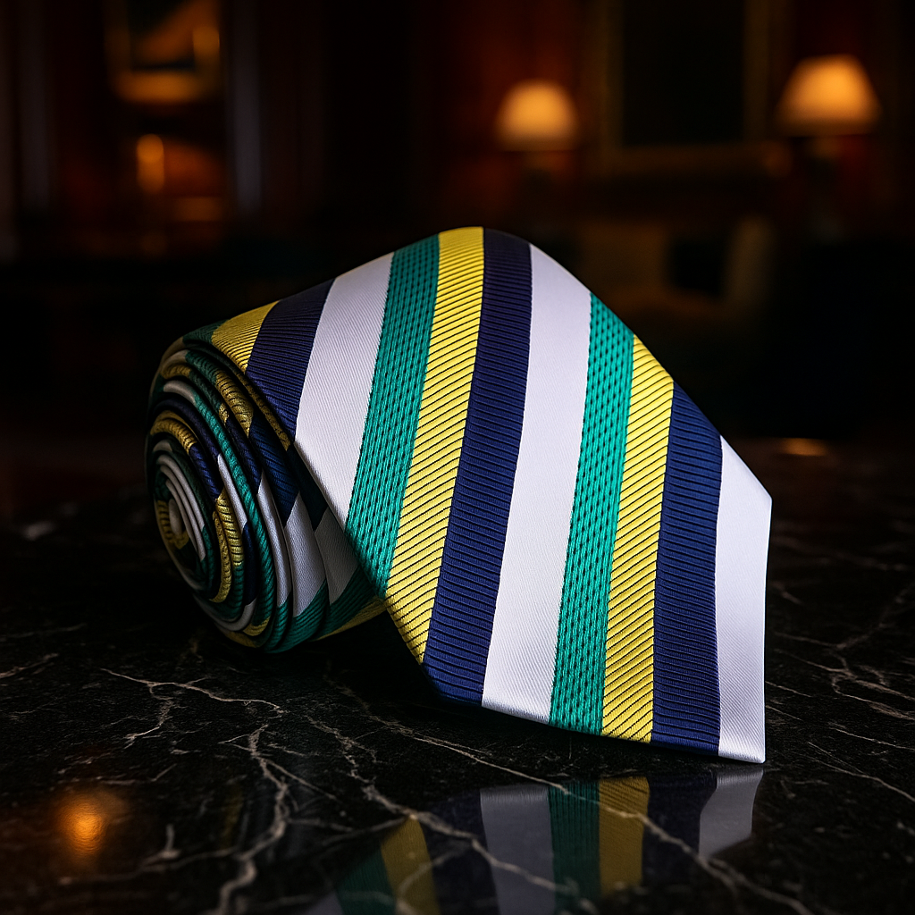 Striped tie with blue, yellow, and white colors on a dark surface.