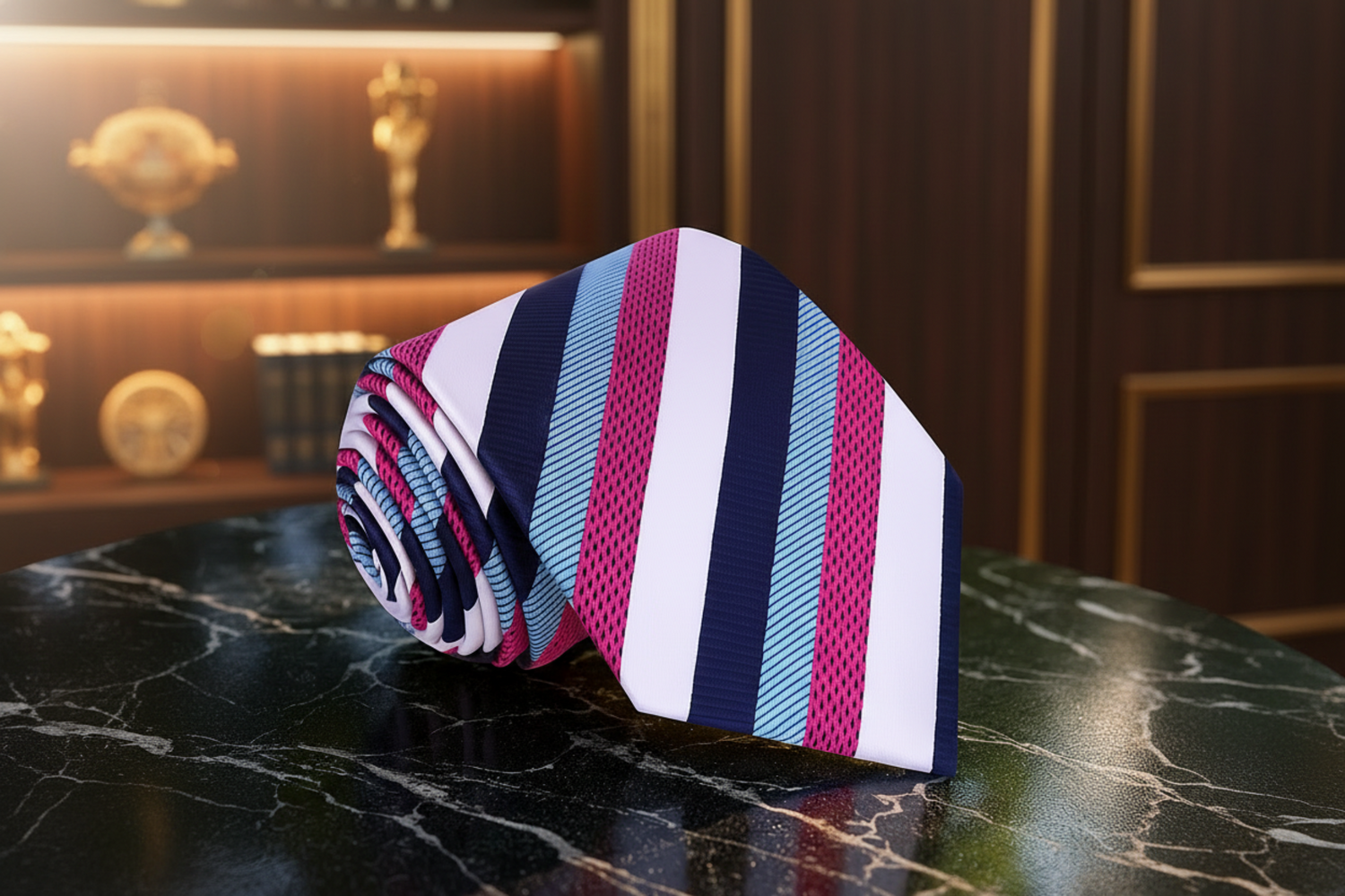 Striped tie with pink, blue, and white pattern on a dark surface with blurred flowers in the background