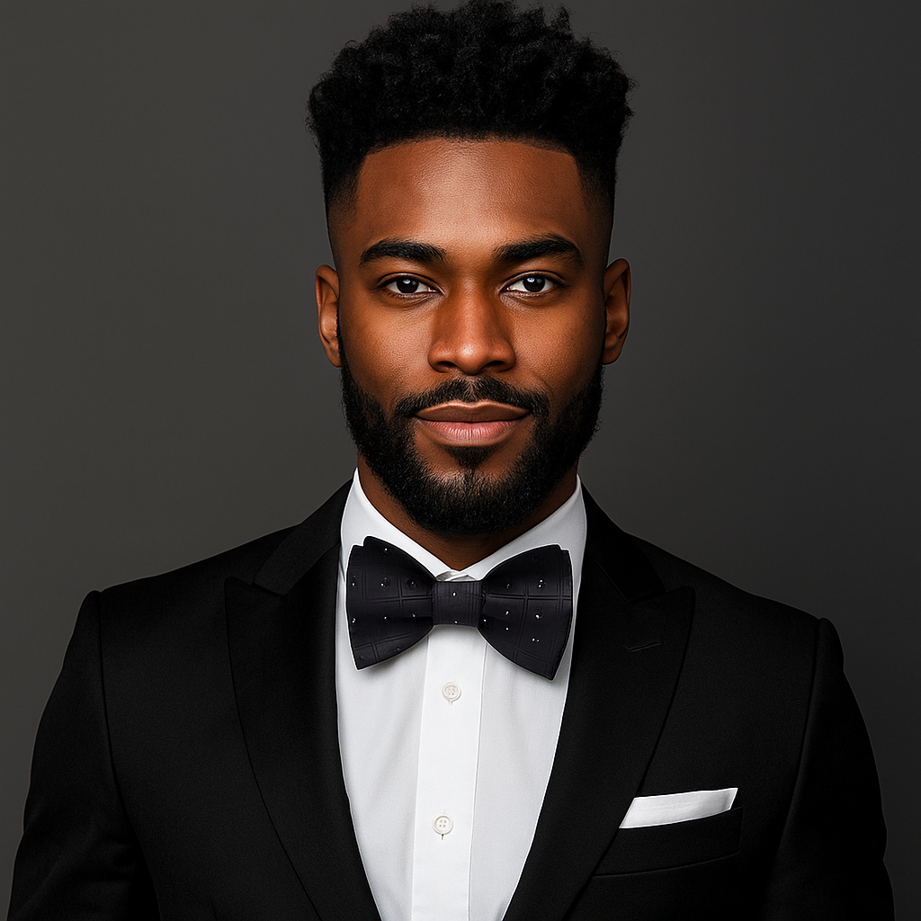 Man wearing a black tuxedo with a black geometric bow tie and white square on a dark background