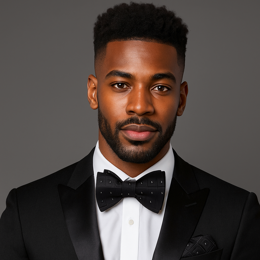Man wearing a black tuxedo with a black geometric bow tie against a gray background