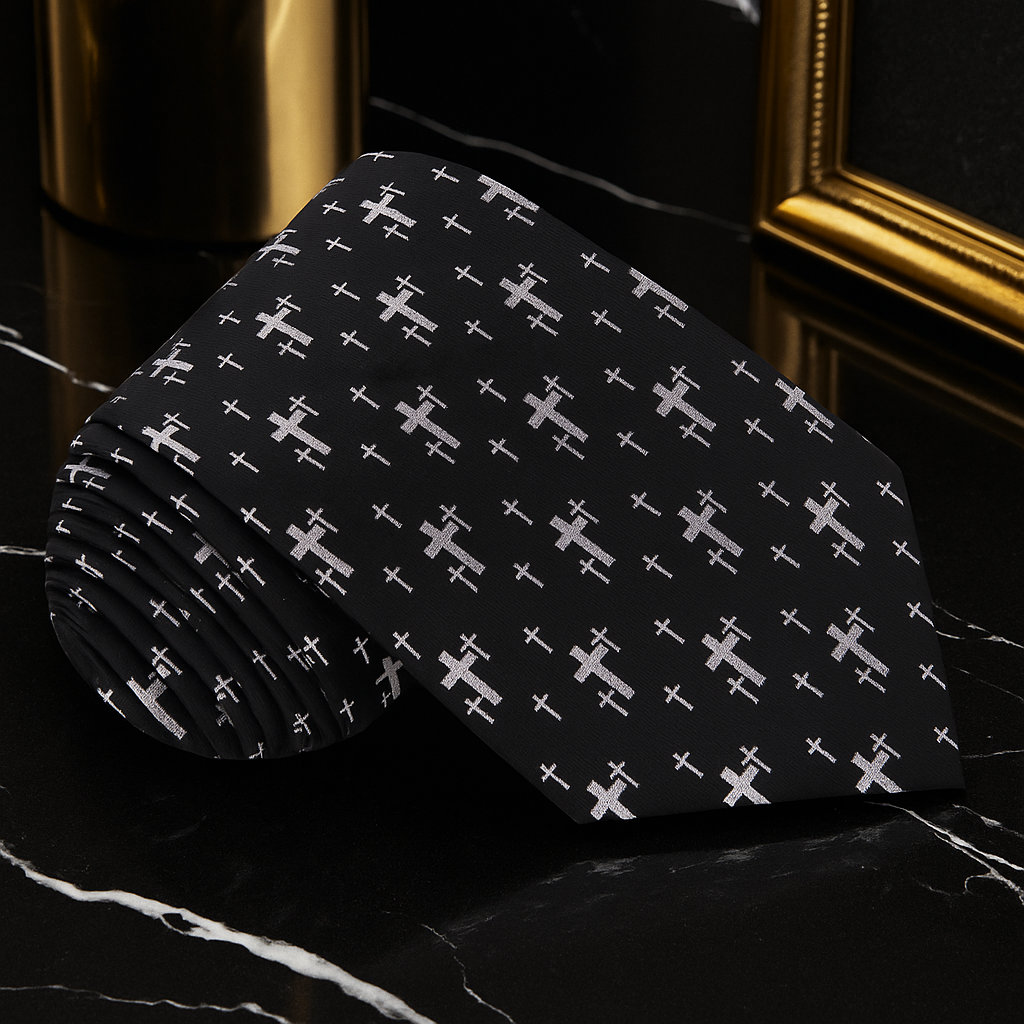 Single Tie: Black, Silver Crosses Necktie