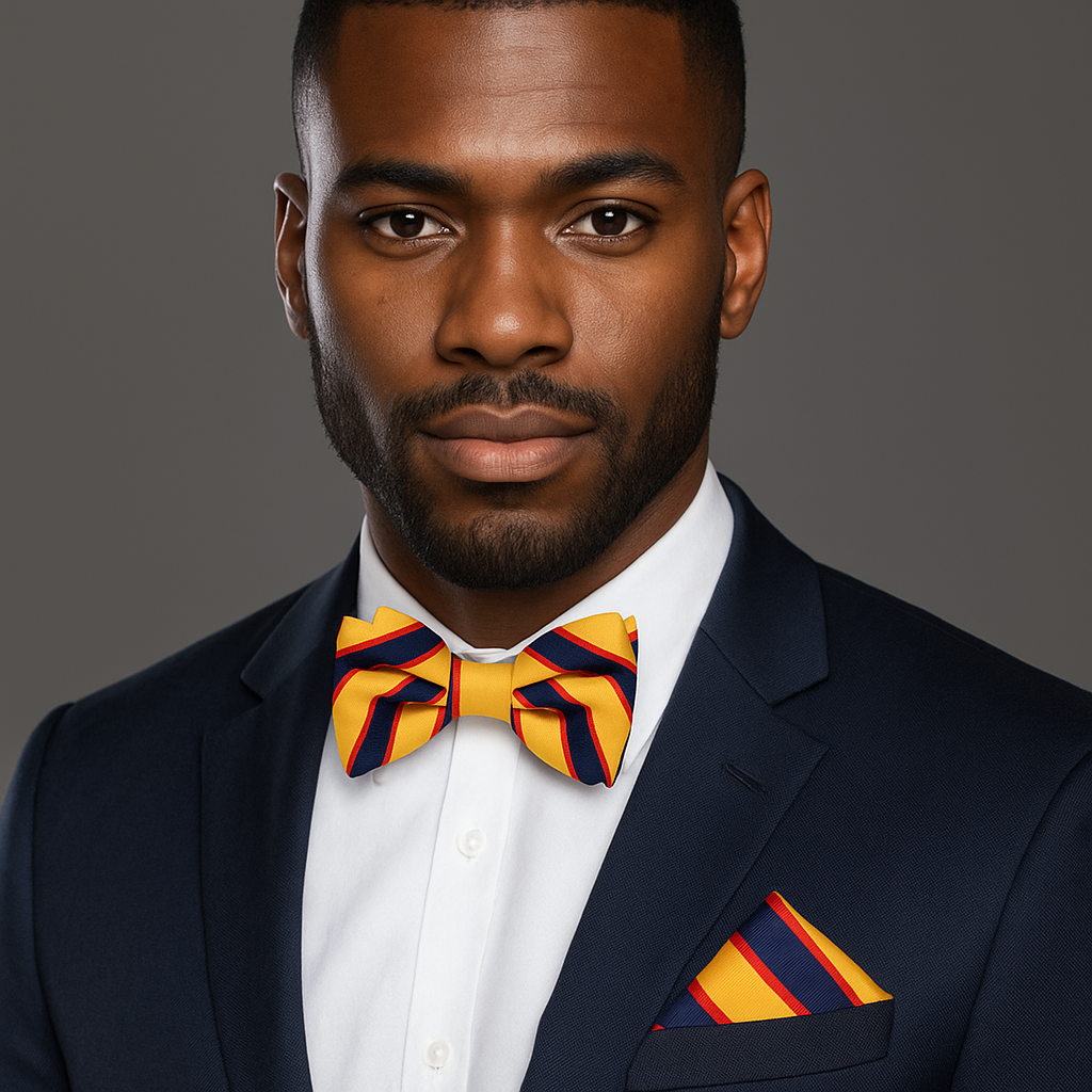 Man wearing a dark suit with a yellow bow tie and pocket square on a gray background