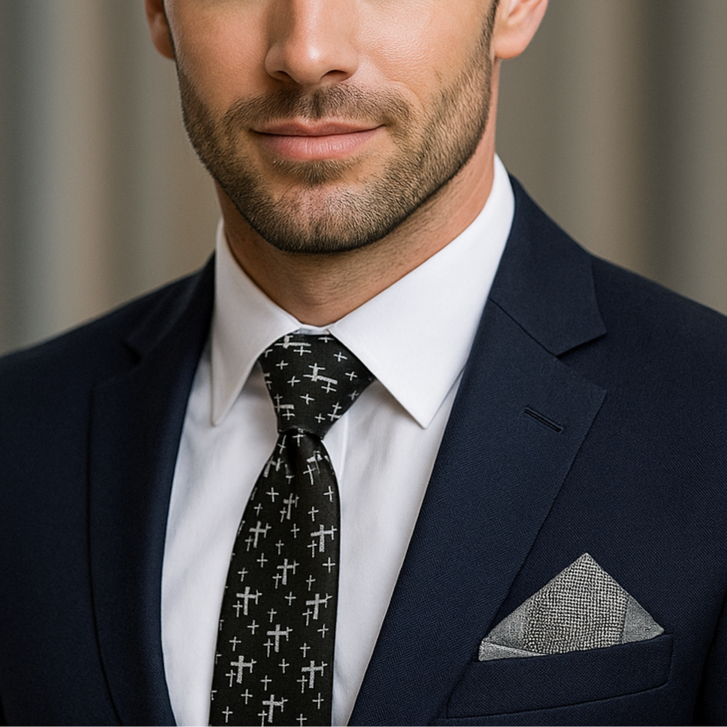 Man wearing a navy suit with a patterned tie and pocket square against a neutral background