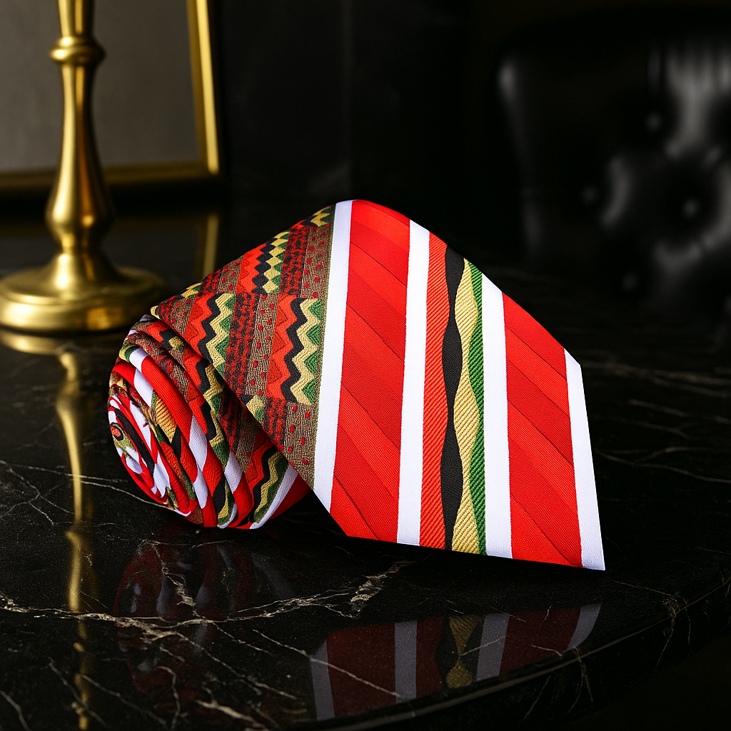 Rolled-up multicolored tie on a dark marble surface with a blurred background