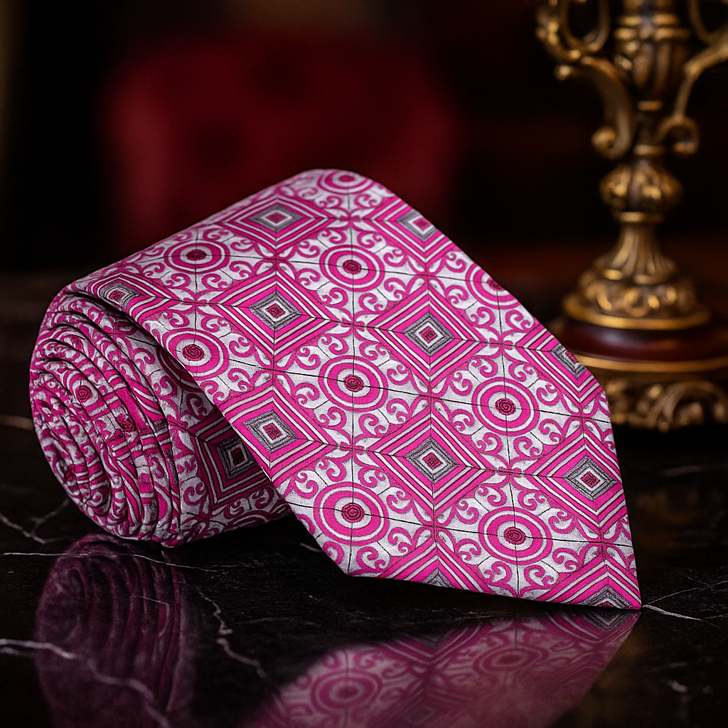 Pink patterned tie on a reflective surface with a blurred background