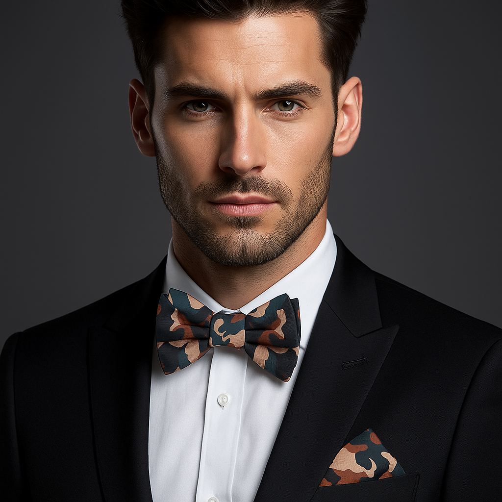 Man wearing Black suit with brown, green, black camo bow tie and square