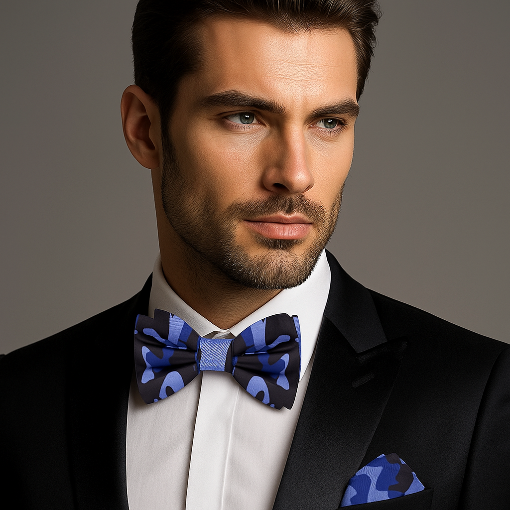 Man wearing a black suit with a Blue, Light Blue, Black Color Fleck Camouflage Pattern Bow Tie, Pocket Square on a gray background