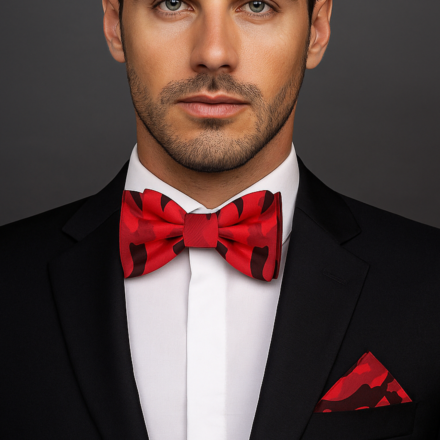 Man wearing a black suit with a red bow tie and matching pocket square on a dark background