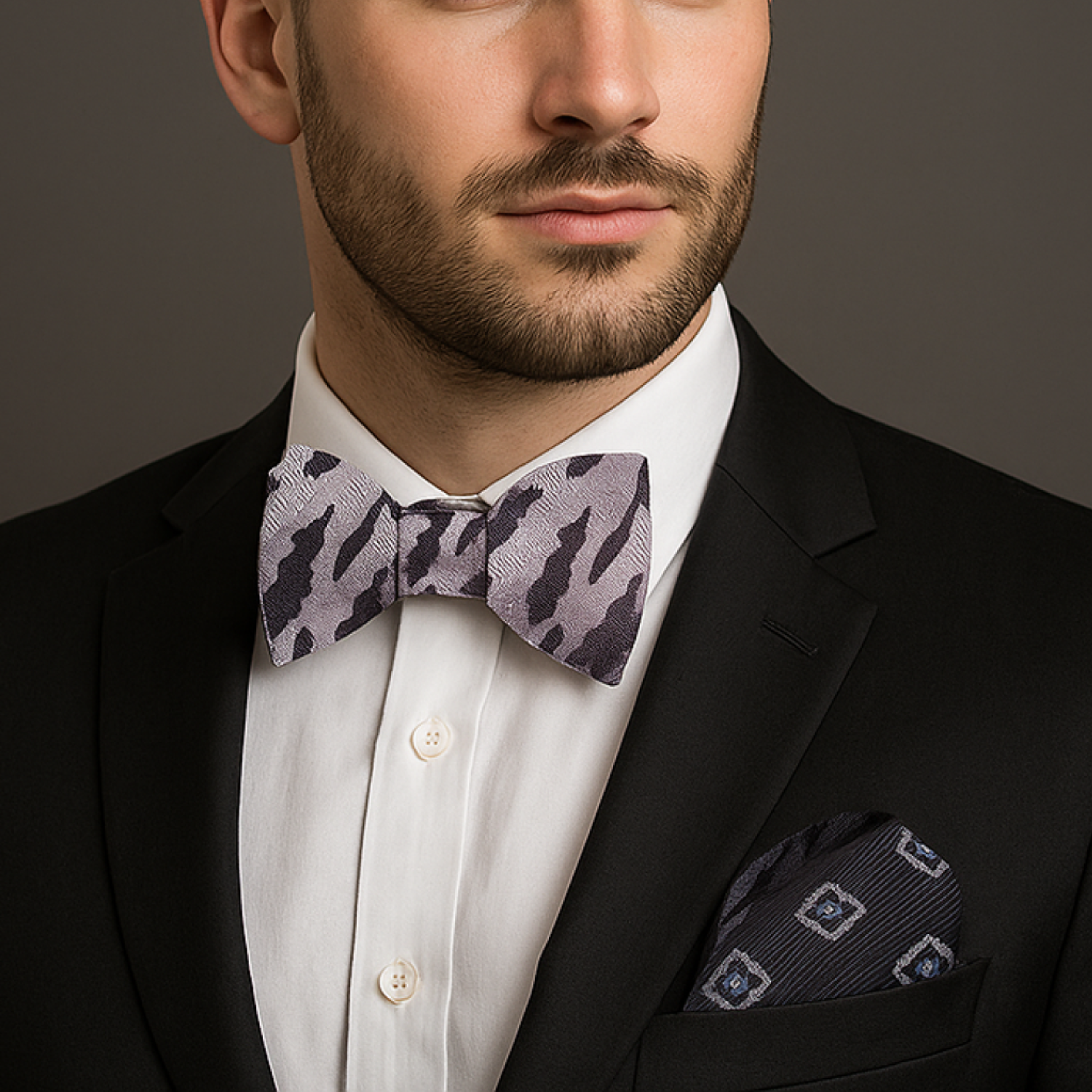 Man wearing a black suit with a white shirt and a Shades of Grey and Black Camouflage Bow Tie and Accenting Black, Grey and Blue Bursts Square