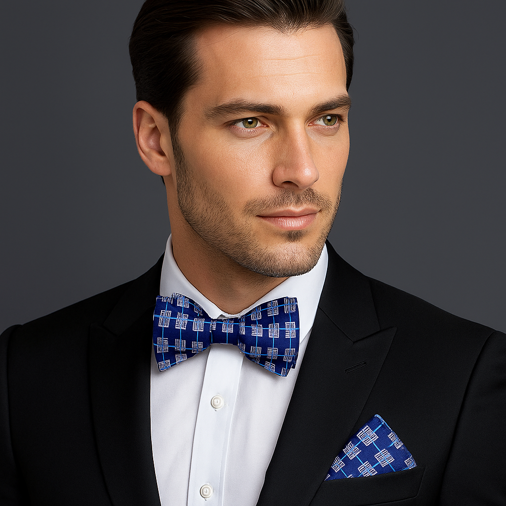 Man wearing a black suit with a blue bow tie and pocket square on a gray background