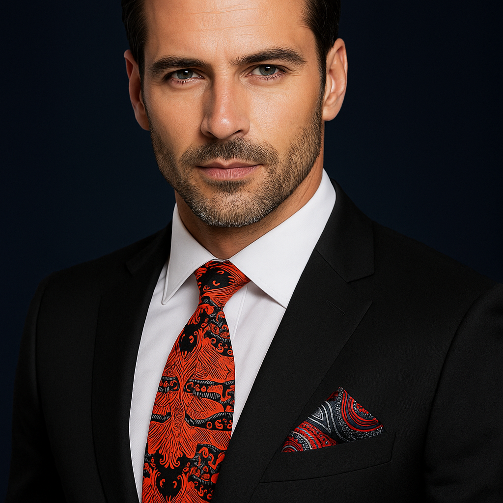 Man wearing a black suit with a Red, Black Abstract Necktie and Abstract Square against a dark background
