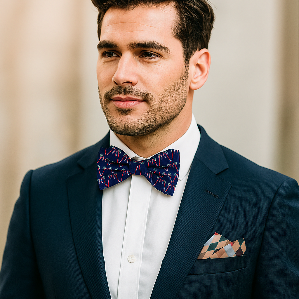 Man wearing a navy suit with a patterned bow tie and pocket square against a neutral background