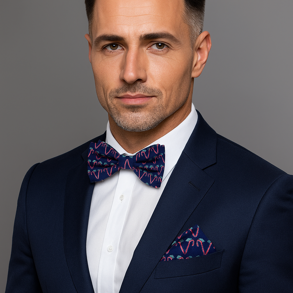 Man wearing a navy suit with a patterned bow tie and pocket square on a gray background