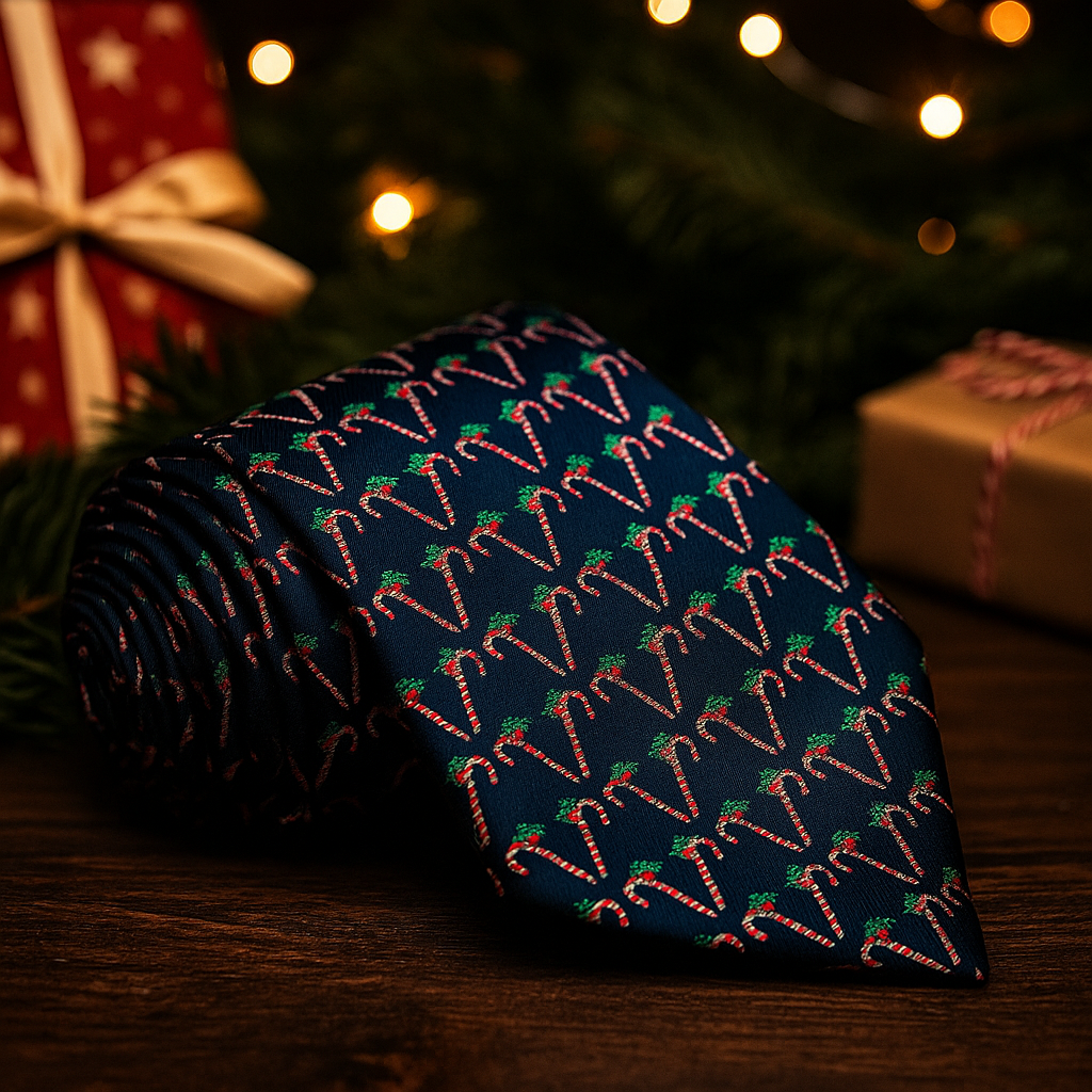 Christmas-themed tie with candy cane pattern on a wooden surface with blurred lights and presents in the background