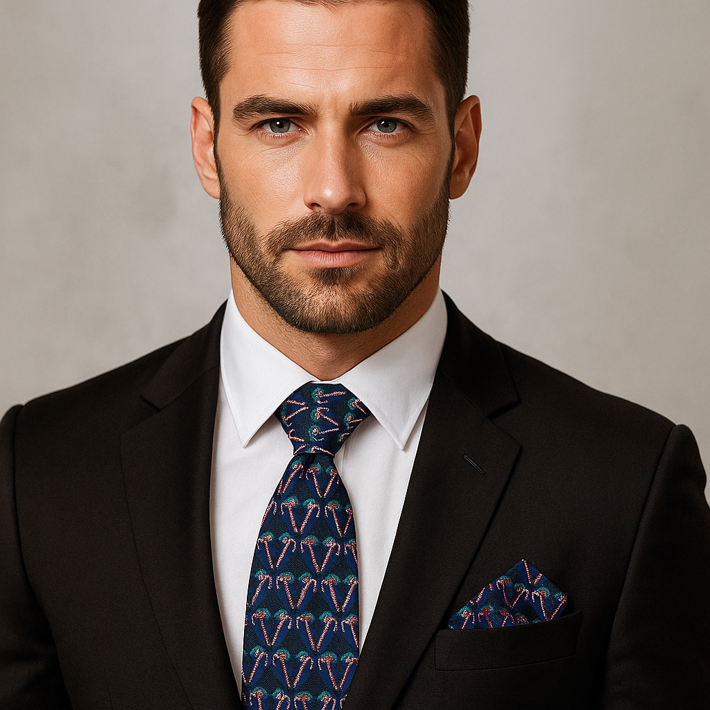 Man wearing a black suit with a patterned tie and pocket square against a neutral background