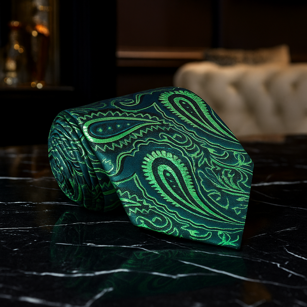 Green paisley patterned tie on a dark surface with blurred background