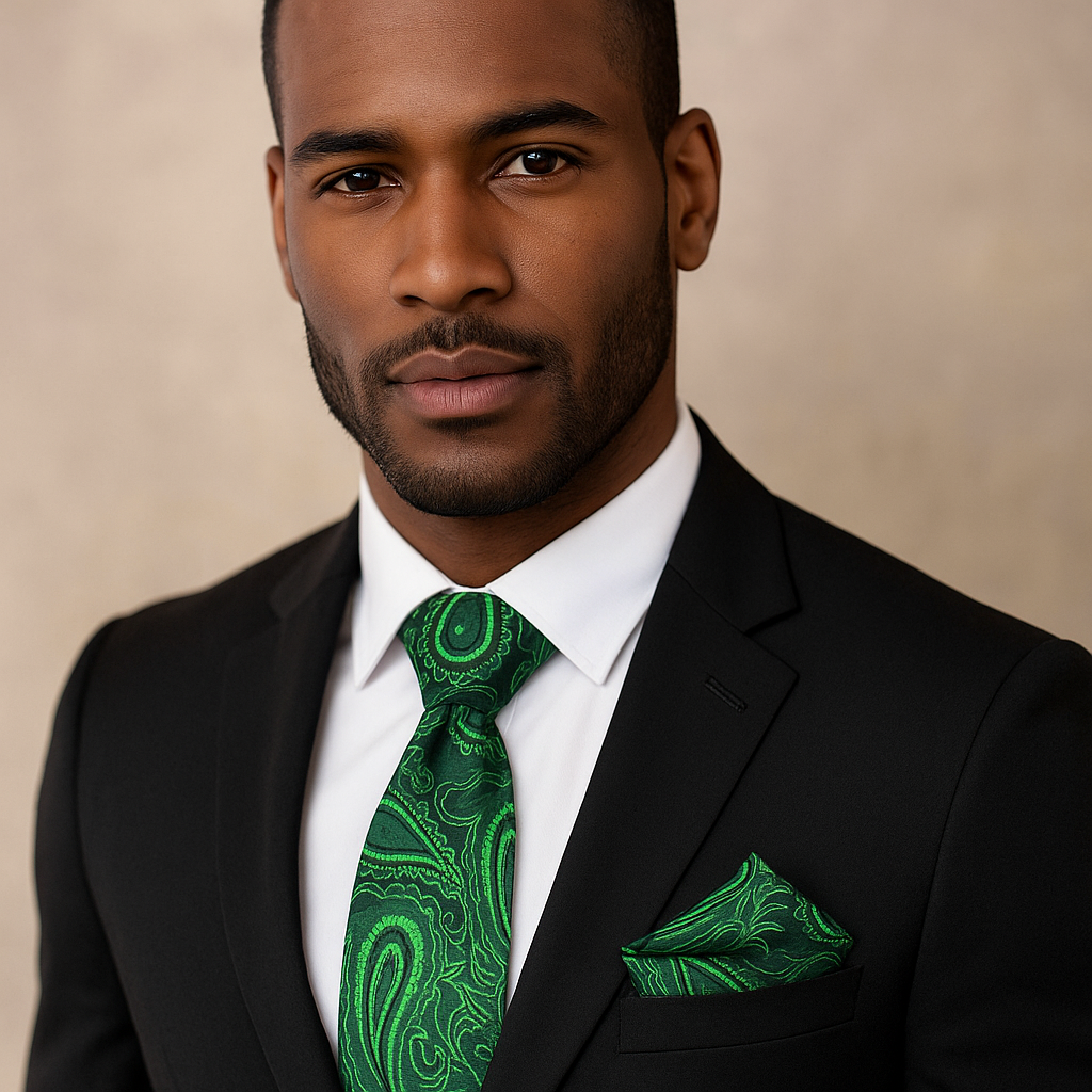 Man wearing a black suit with a green paisley tie and pocket square against a beige background