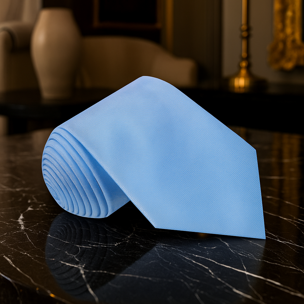 Light blue tie on a dark marble surface with a blurred background