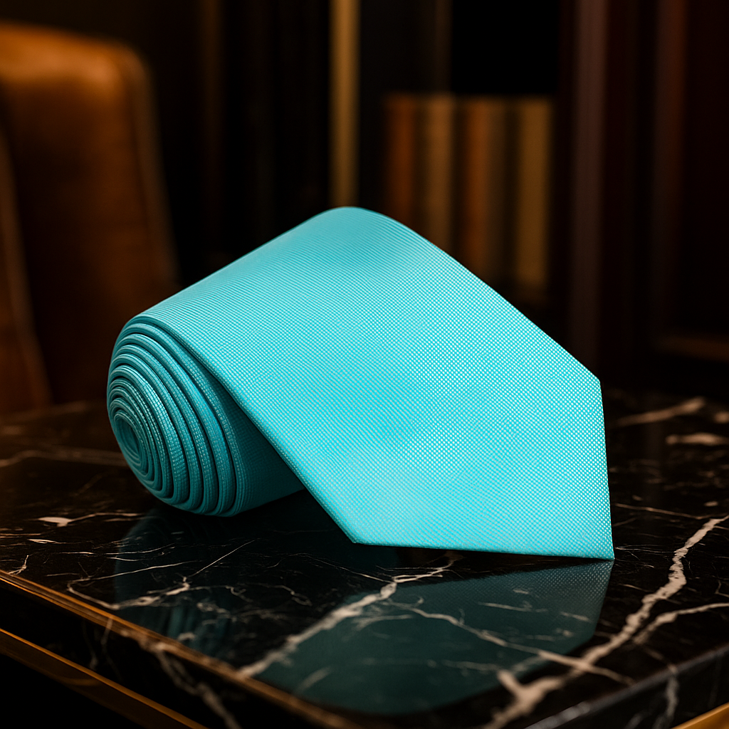 Turquoise tie on a dark marble surface with a blurred background