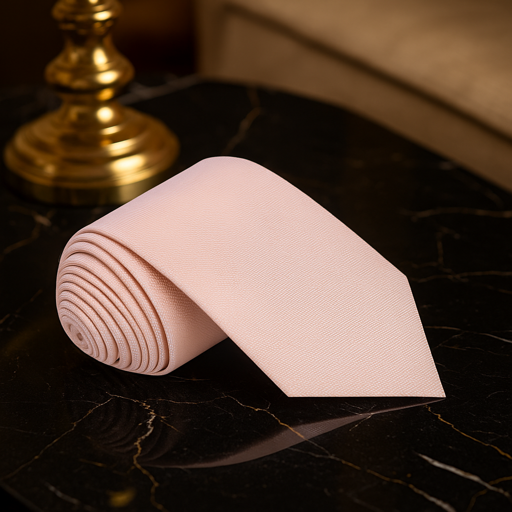 Beige tie rolled up on a dark surface with a blurred background