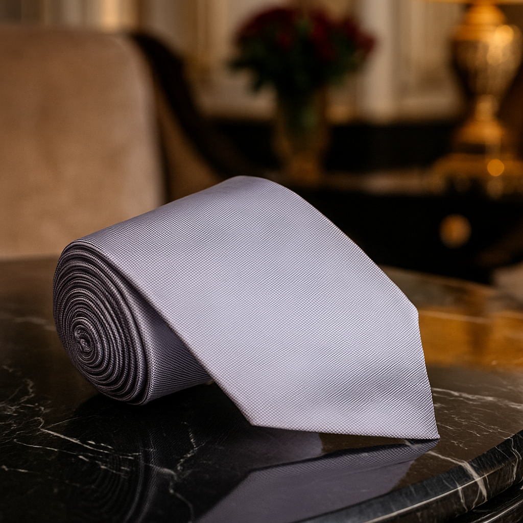 Rolled gray tie on a marble surface with a blurred background