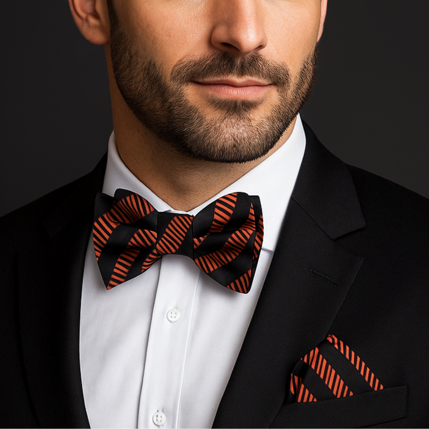 Man wearing Brown Copper Orange and Black Lines Bow Tie and Pocket Square