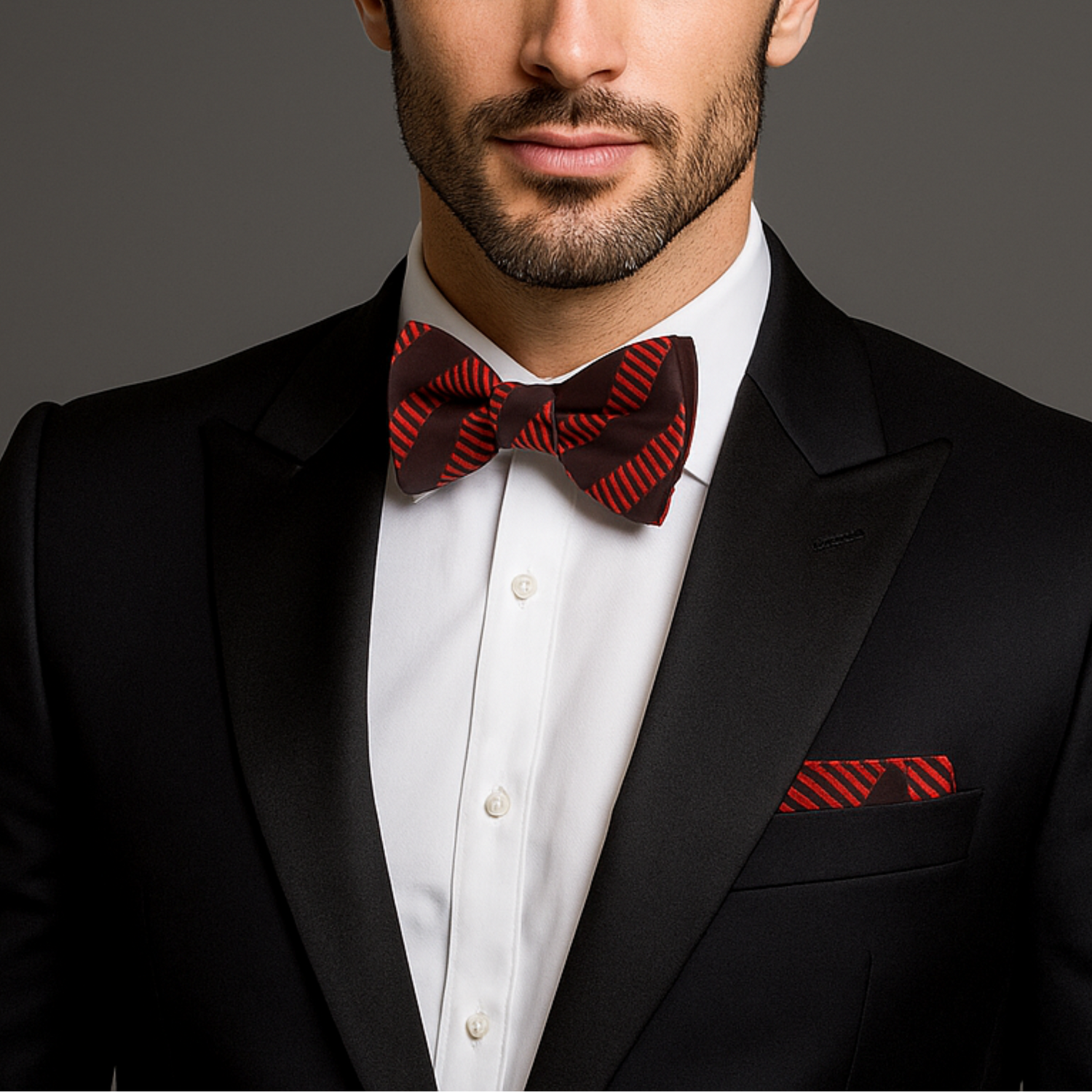 Man wearing a black suit with a Red Lines Bow Tie and Pocket Square on a gray background