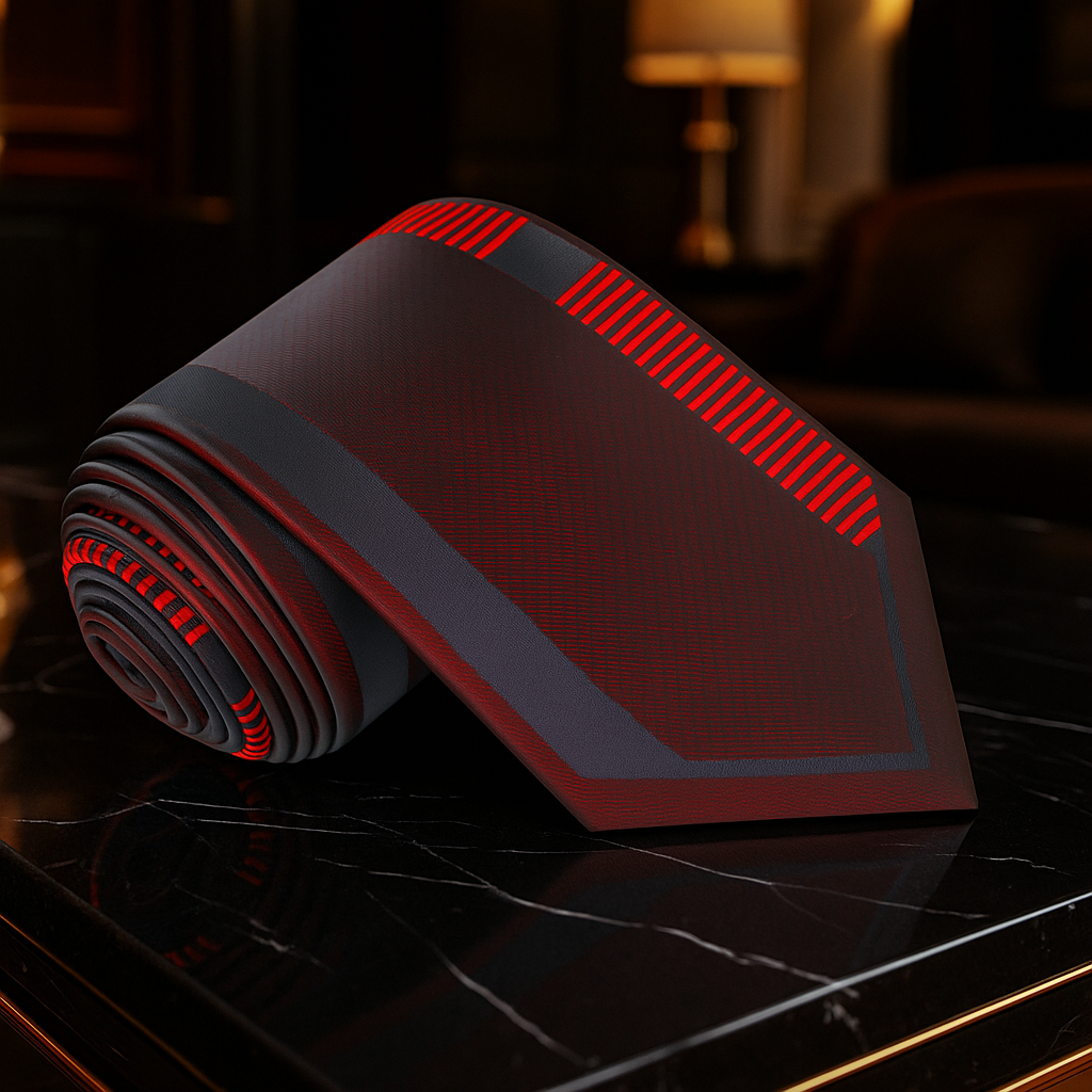 Black and red patterned tie on a dark surface with a blurred background