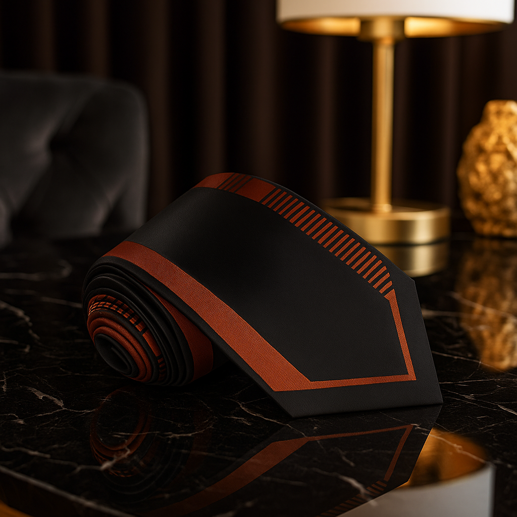 Black and copper folded tie on a dark surface with a blurred background