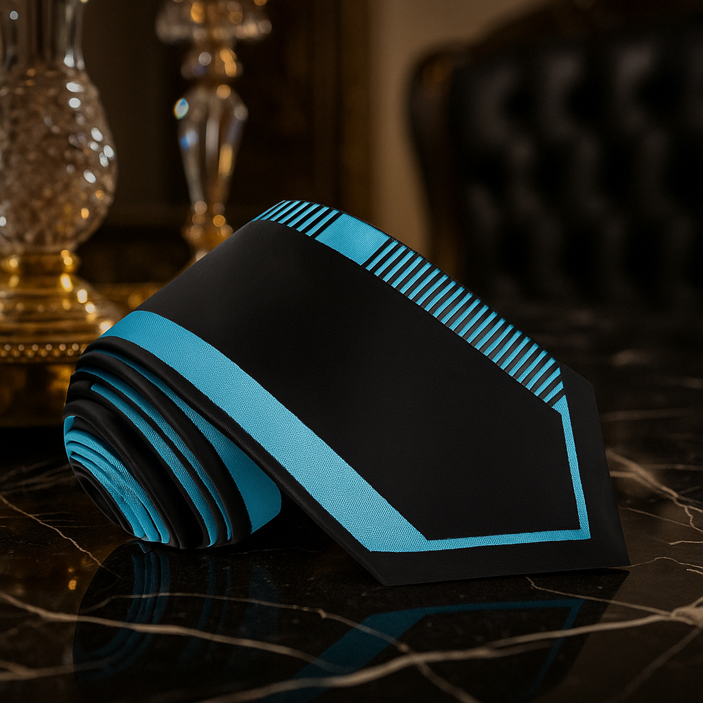 Black and blue striped fabric roll on a reflective surface with blurred background