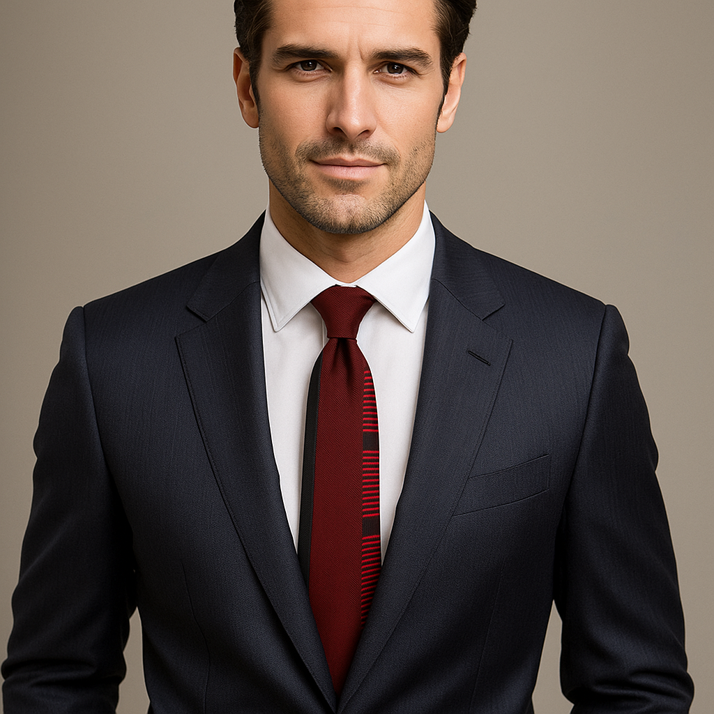 Man wearing a dark suit with a red tie against a neutral background