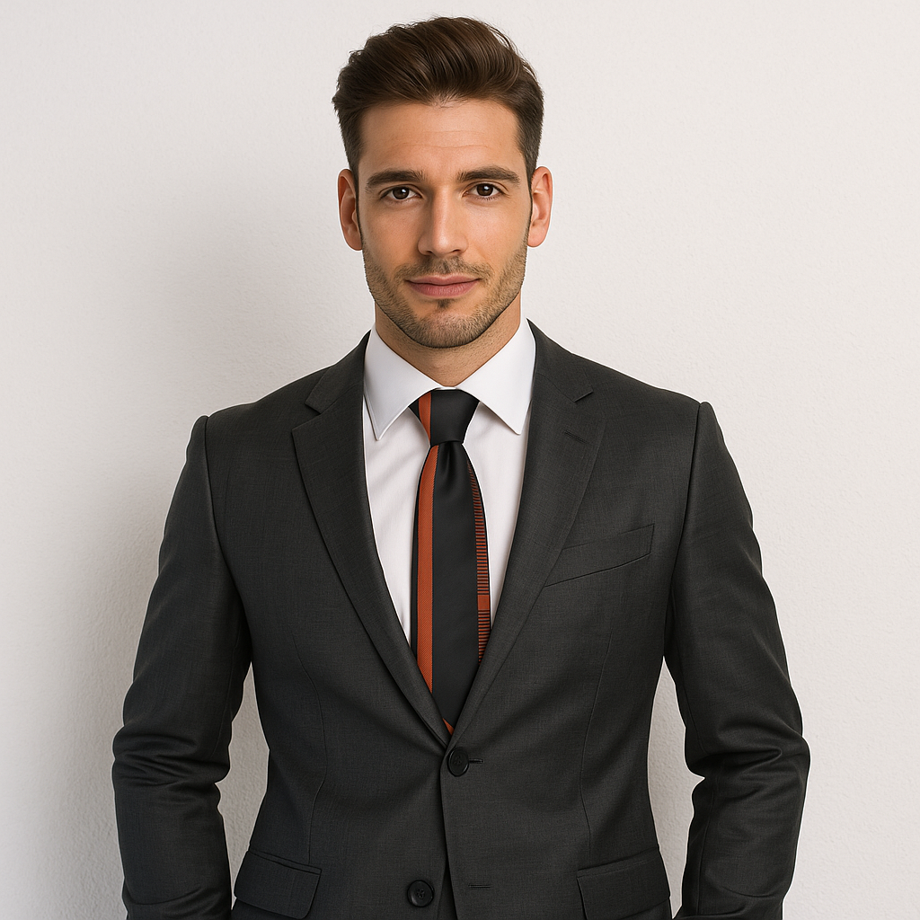Man wearing a black suit and black and copper tie against a plain background