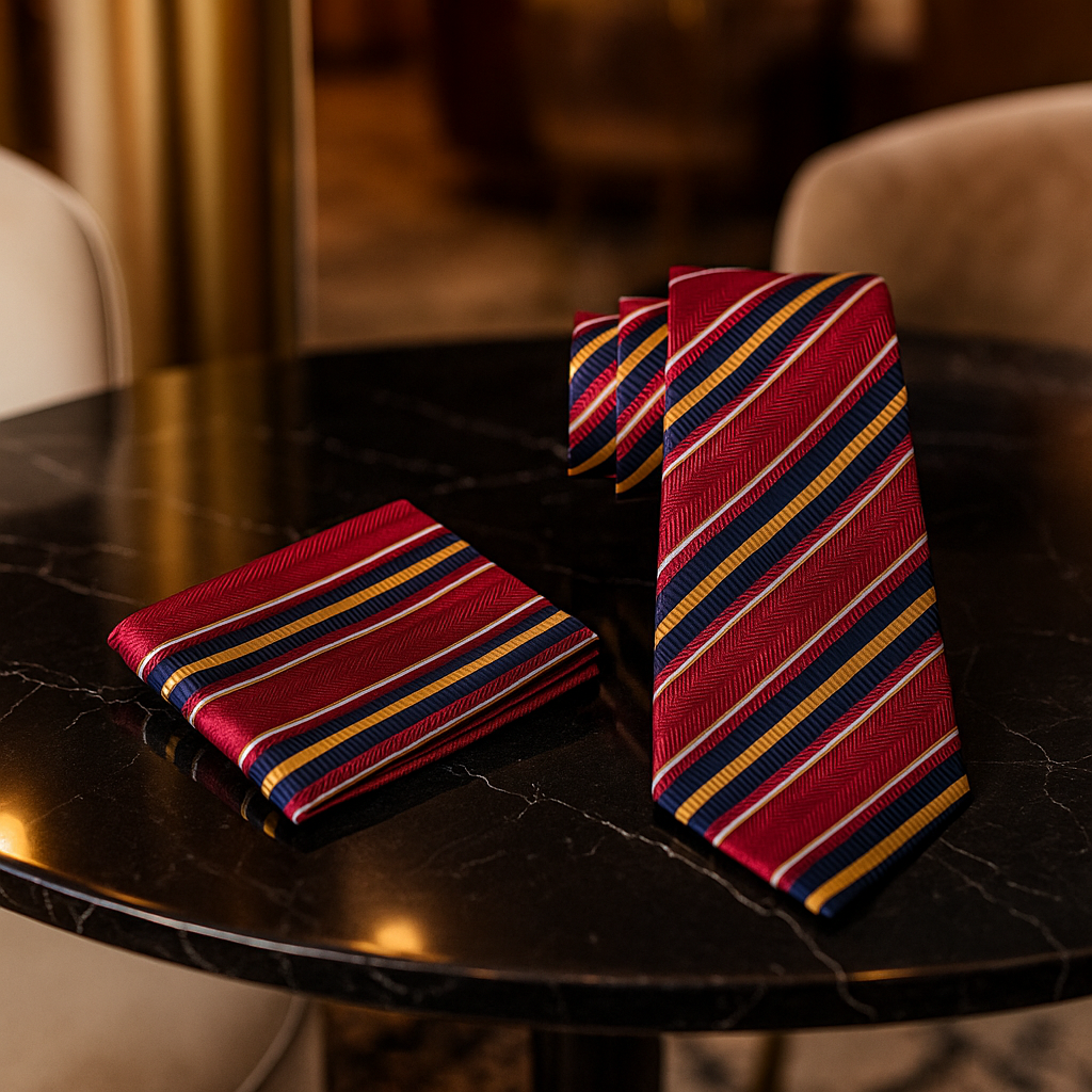 Alt View: Red, Yellow, Royal Stripe Tie and Pocket Square