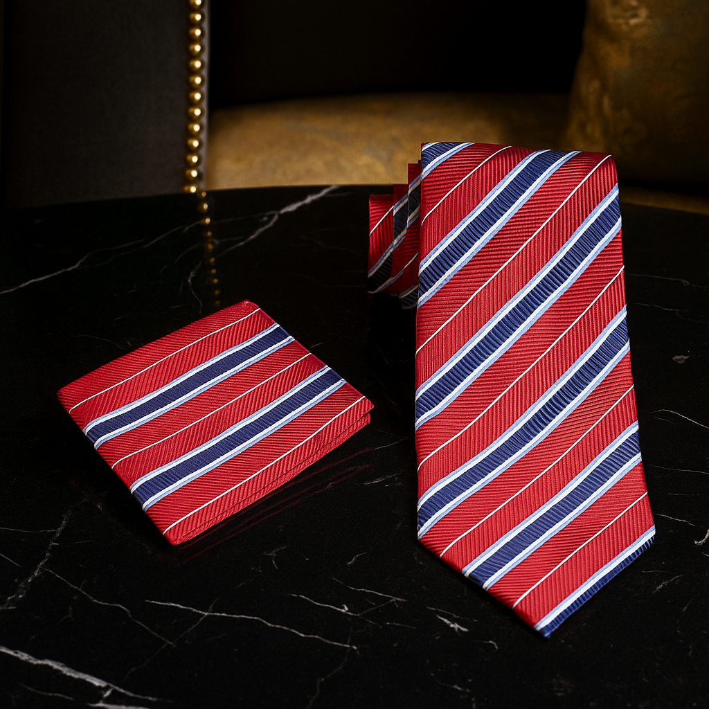 Red and blue striped tie and pocket square on a dark surface