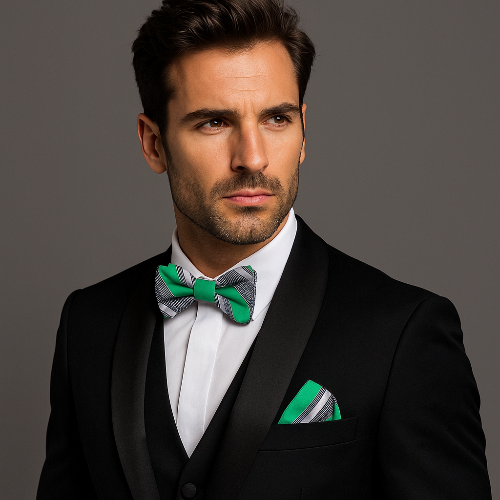 Man wearing a black suit with a green bow tie and pocket square on a gray background
