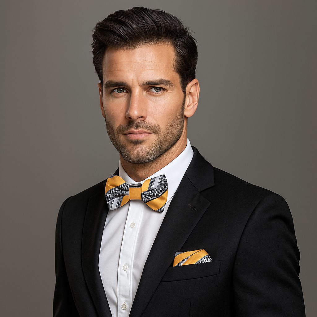 Man wearing a black suit with a colorful bow tie and pocket square on a gray background