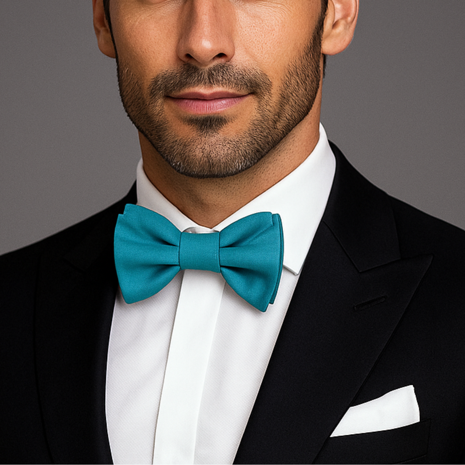 Man wearing a black suit with a white shirt and teal bow tie on a gray background