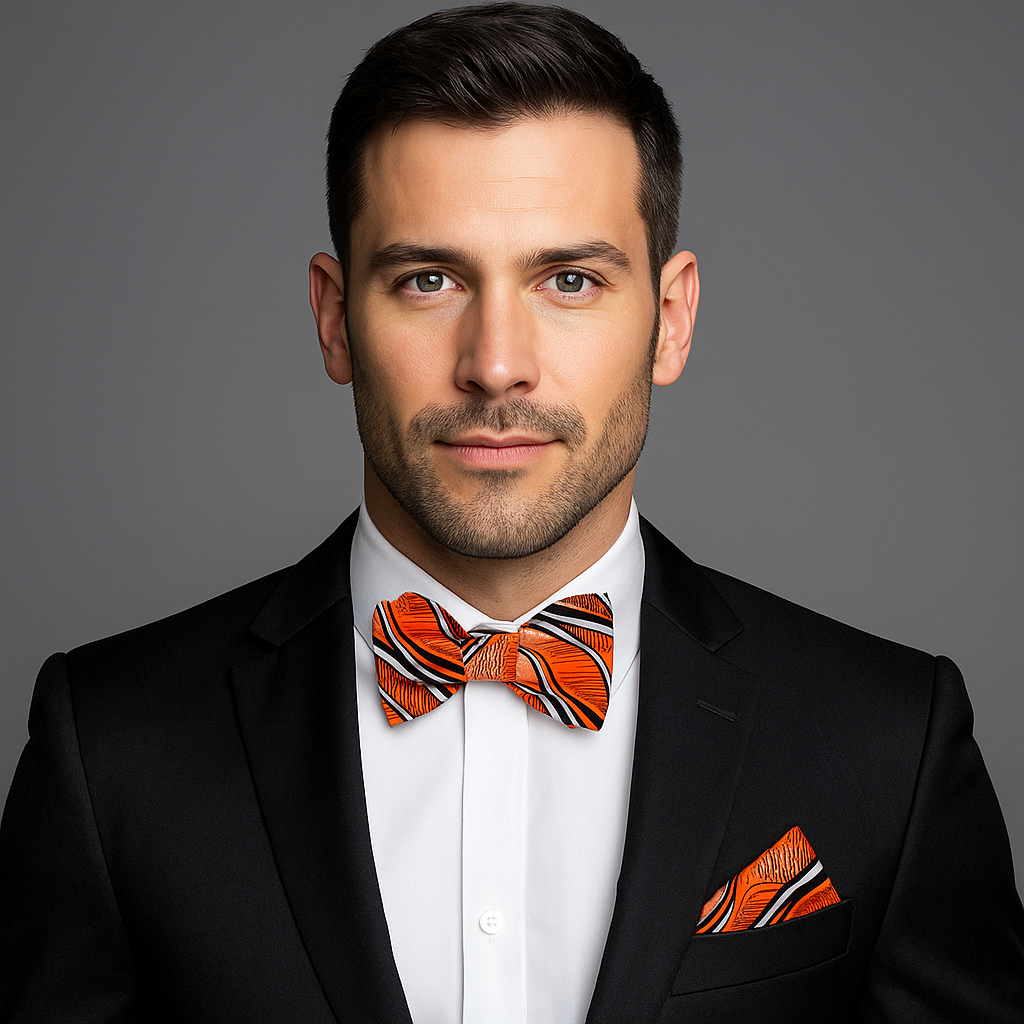 Man wearing a black suit with an orange and black patterned bow tie and pocket square on a gray background