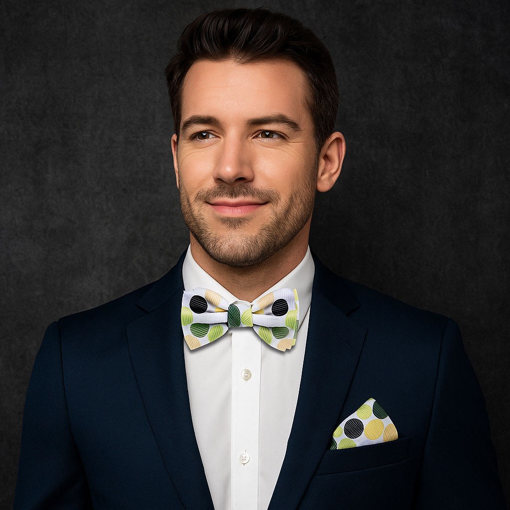 Man wearing a dark suit with a patterned bow tie and pocket square against a dark background