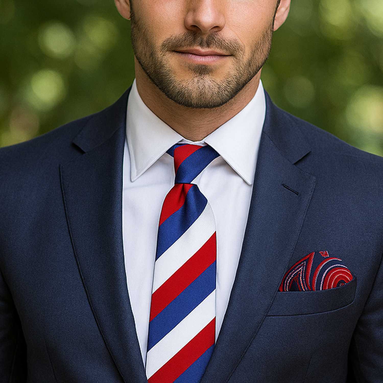 Man wearing a navy suit with a red, white, and blue striped tie and pocket square.