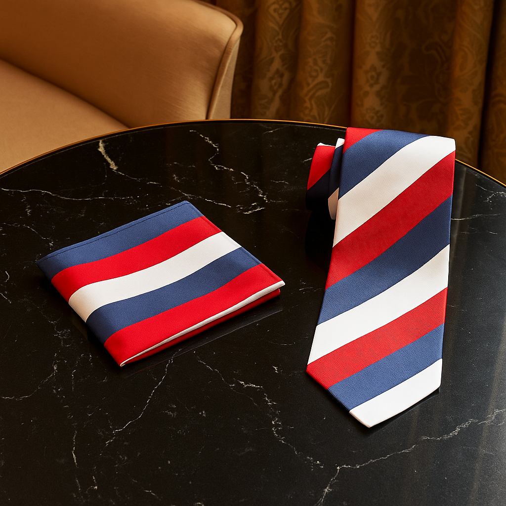 Red, white, and blue striped tie and pocket square on a dark marble surface.