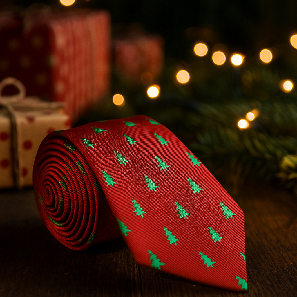 Red tie with green Christmas tree patterns on a wooden surface with blurred lights and presents in the background