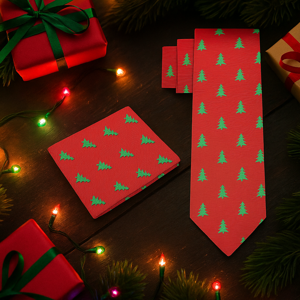 Red tie with green tree pattern on a wooden surface with Christmas decorations.