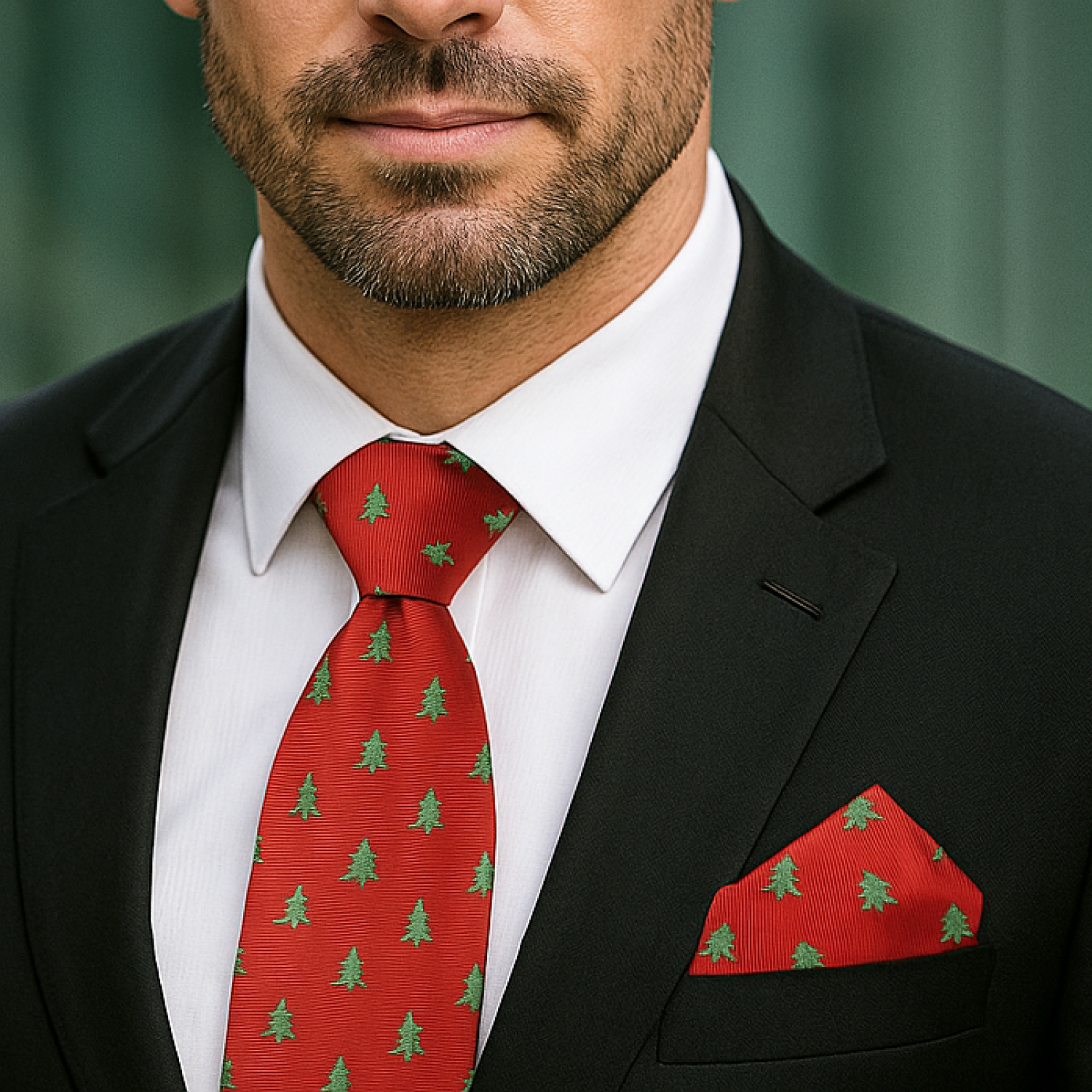 Man wearing a black suit with a red tie and pocket square featuring green tree patterns.